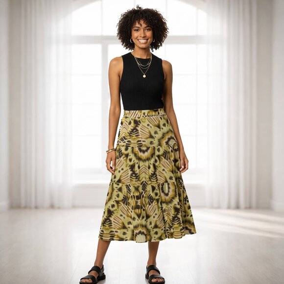 Rachel Zoe Dresses & Skirts - 2 for $20 Rachel Zoe Tiered Midi Skirt Large Elastic Back Waist Detailed Print